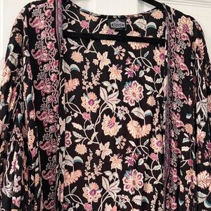 Angie Black Floral Kimono with Pink, Cream & Teal Accents